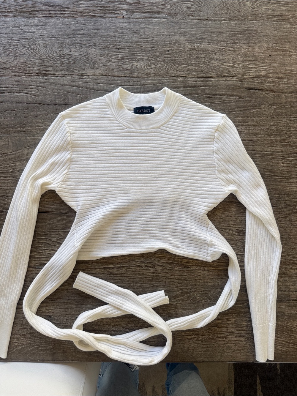 Bardot Cream Ribbed Tie-Waist Long Sleeve Top